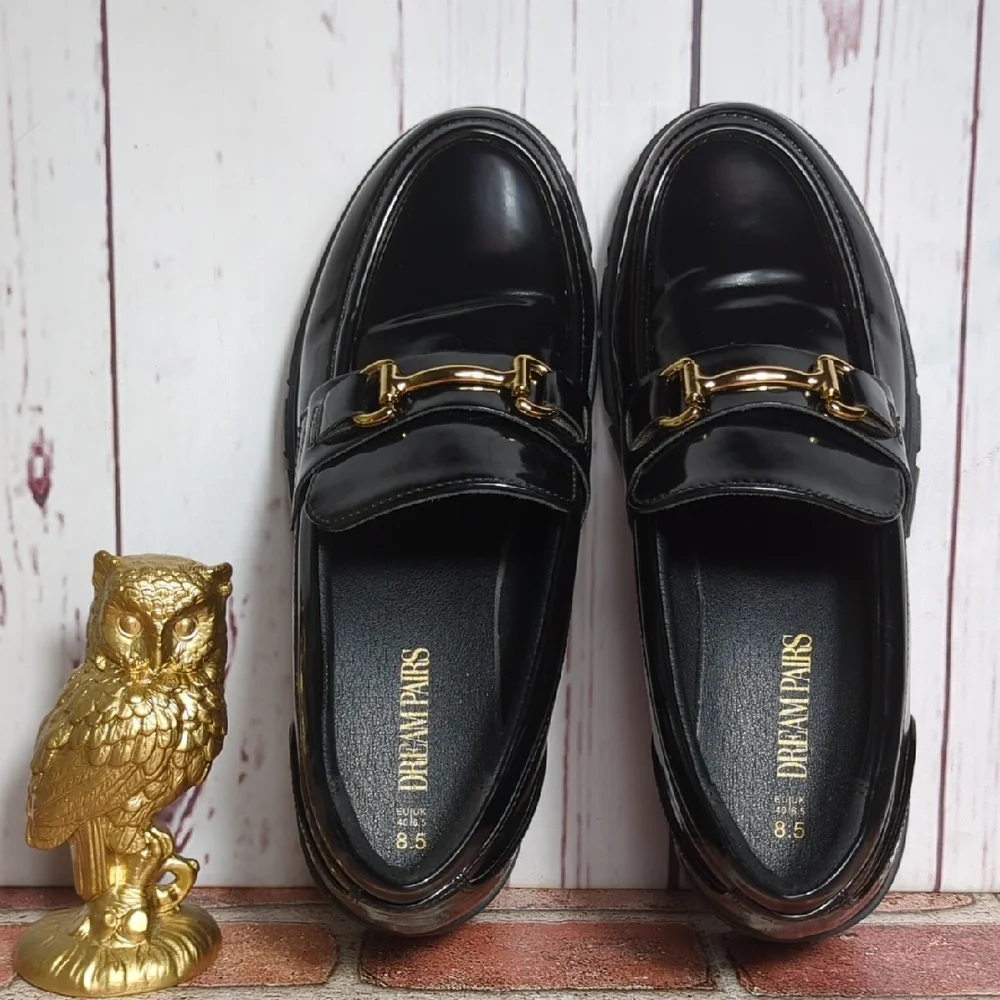 Dream Pairs Black Vegan Patent Leather Platform Loafers Chunky Lug Sole 8.5 7.5‎